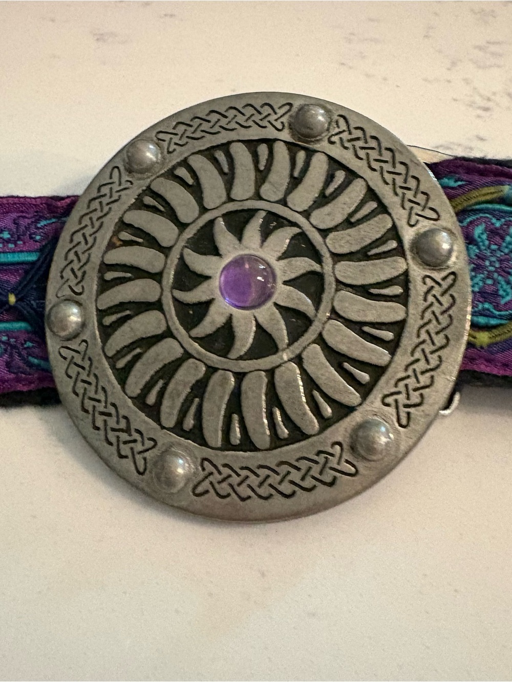 Mackenzie of Maine Vintage Fabric Belt St Justin Pewter Celtic Sun Buckle